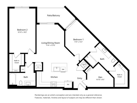 Floor plan for 2 beds, 2 baths, 1196 sqft